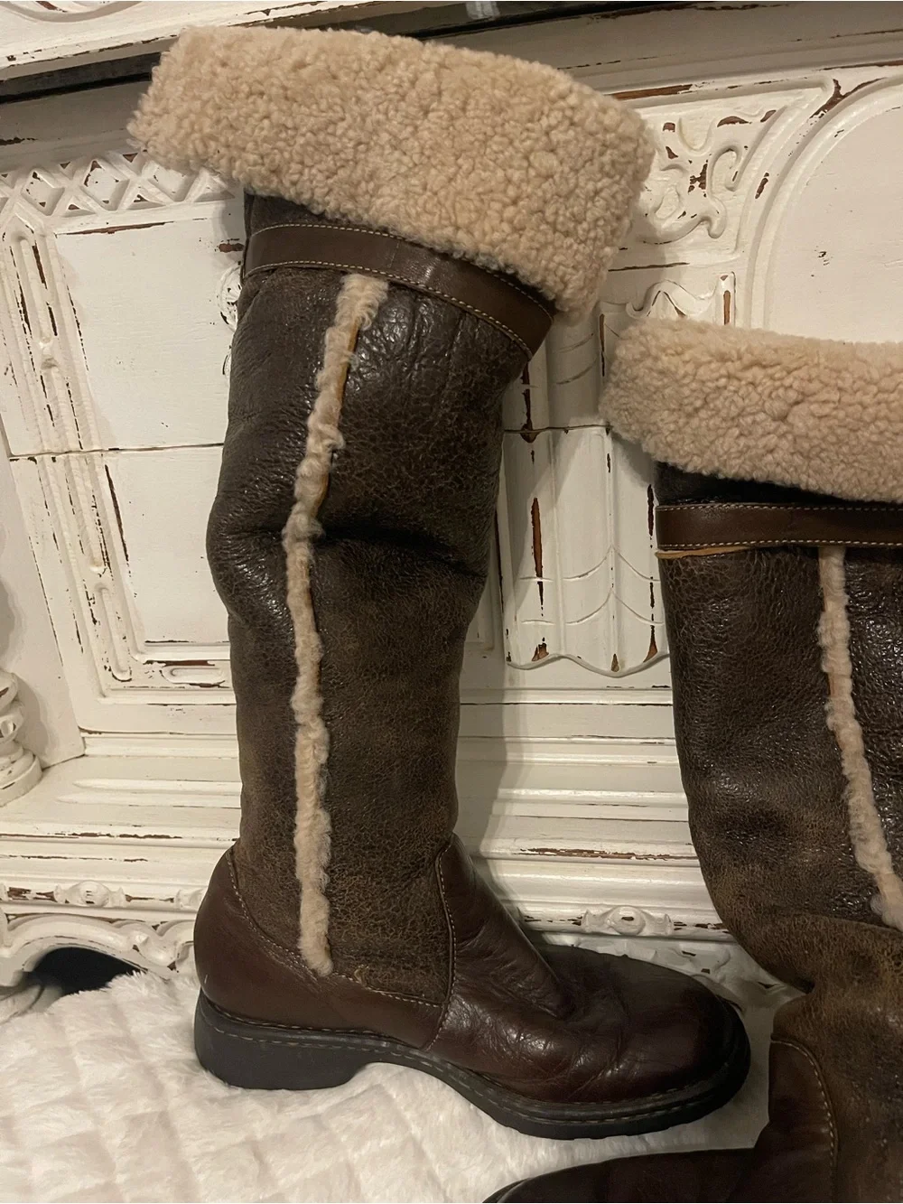 Born Brown Leather Knee High Shearling Boots